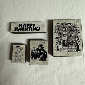 Vintage Halloween Rubber Stamp Set Haunted House Witch Ghost‎ Happy Haunting